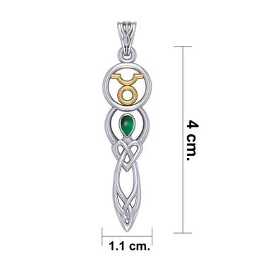 Celtic Goddess Taurus Astrology Zodiac Sign Silver and Gold Accents Pendant with Emerald MPD5936 - Jewelry